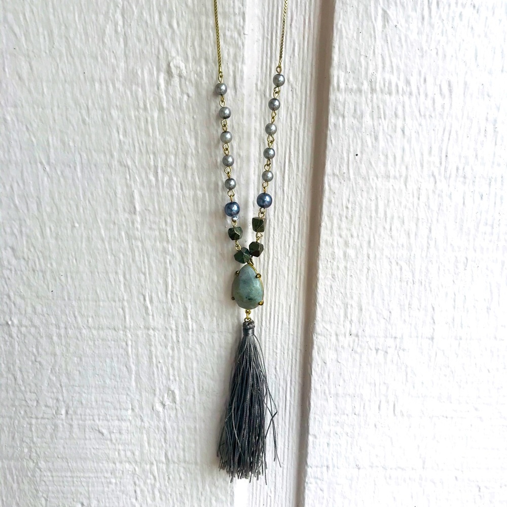 Gray/silver tassel necklace with stones/beads